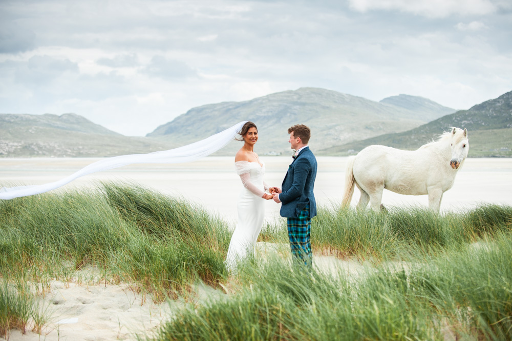 wedding couple photographed with blowing veil on beach on the outer hebrides with white horse 