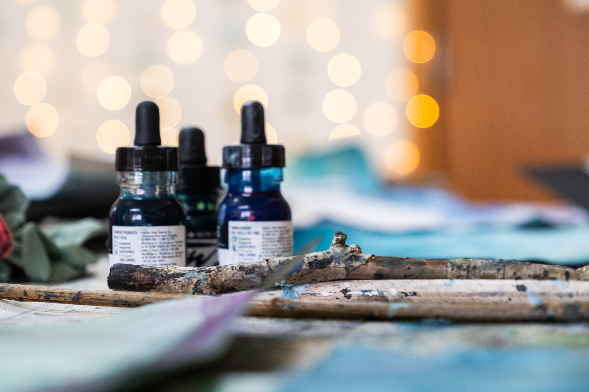 inks and paints set out for painting on the art retreat on the Outer Hebrides with Margaret Soraya 