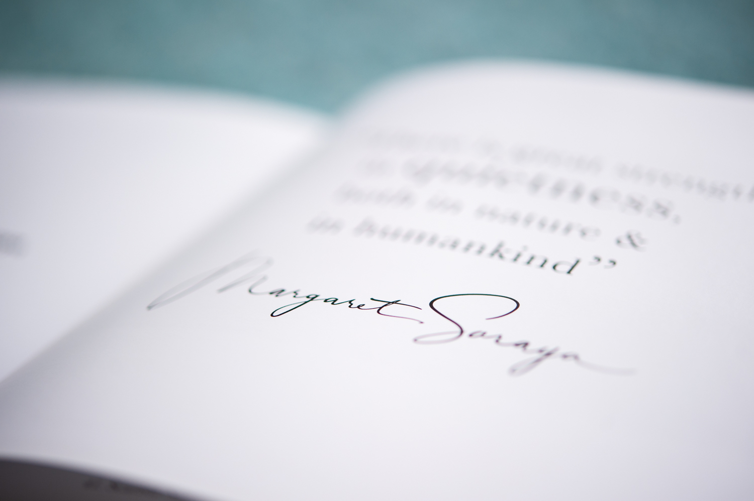 Closing page of Quiet by Margaret Soraya showing her signature alongside a quote about the ocean and humankind