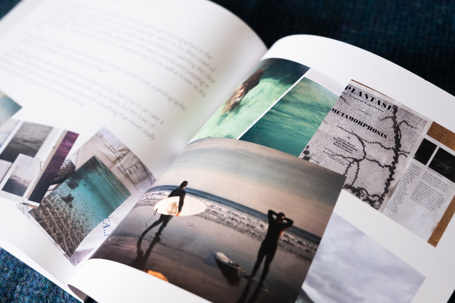 Inside spread of Within Hebridean Seas showing archive photographs of surfers and early sea photography alongside exhibition materials