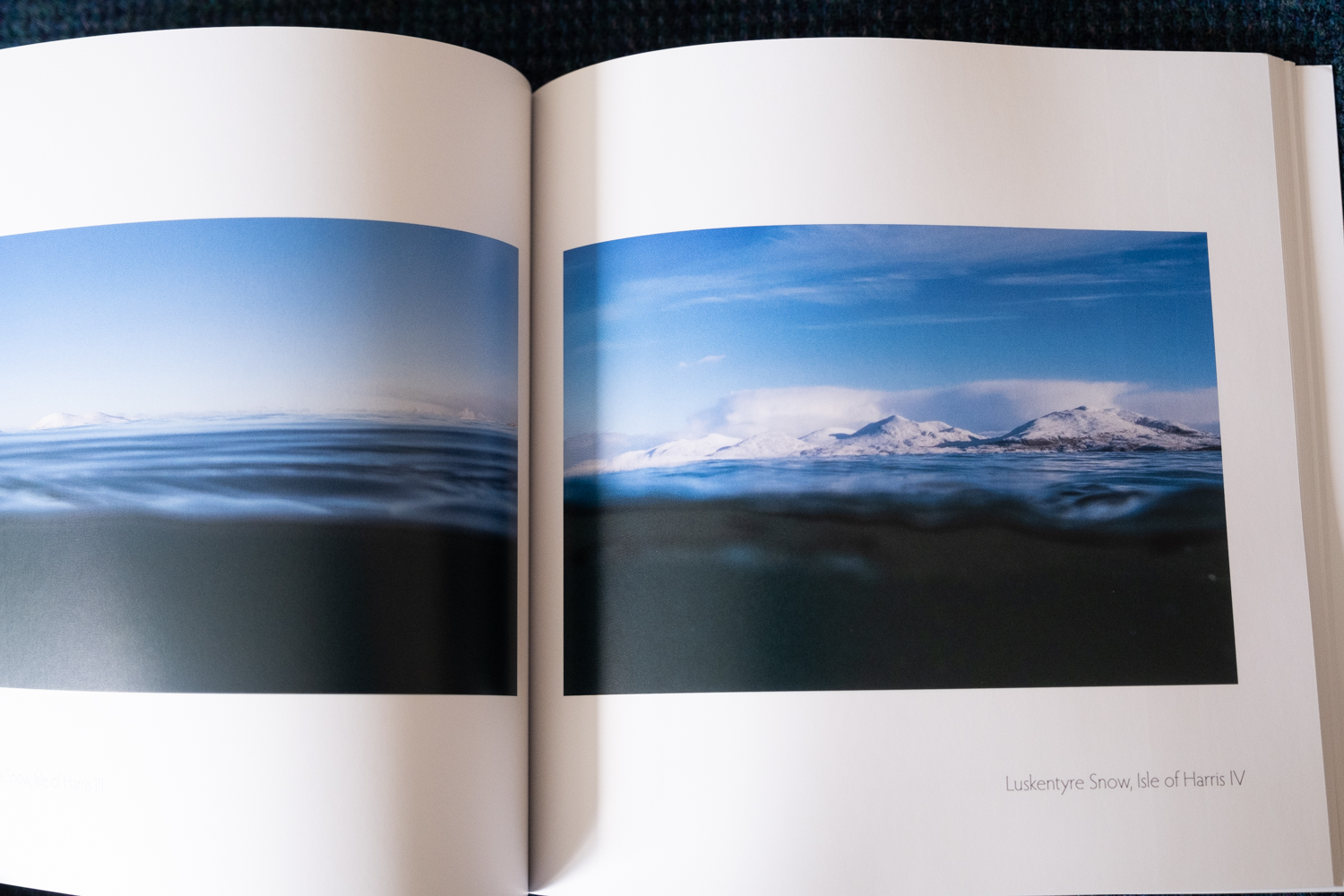 Open spread of Within Hebridean Seas showing split-level underwater photographs of Luskentyre beach in snow, Isle of Harris, Outer Hebrides
